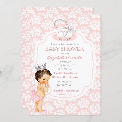 Princess Blush Pink  Silver Baby Girl Invitation