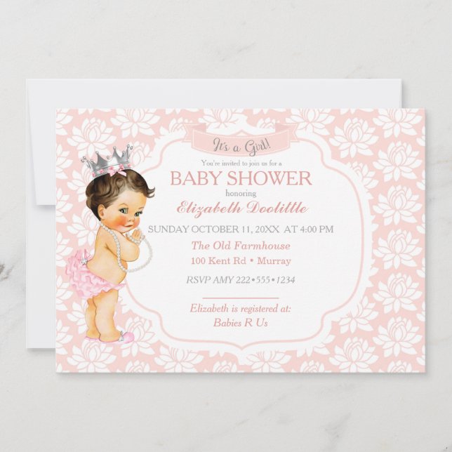 Princess Blush Pink & Silver Baby Girl Invitation (Front)