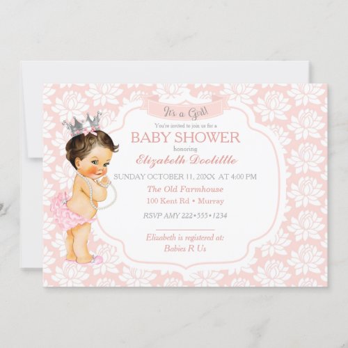 Princess Blush Pink  Silver Baby Girl Invitation