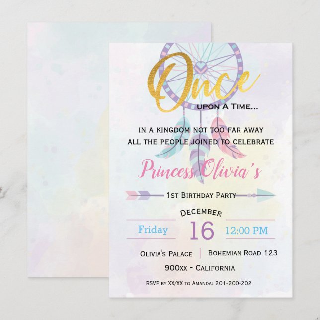 Princess Bohemian Birthday party Invitation (Front/Back)