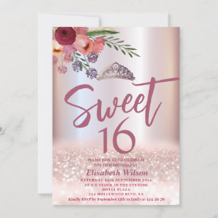 Princess Boho floral Girly Rose gold glittery Invitation