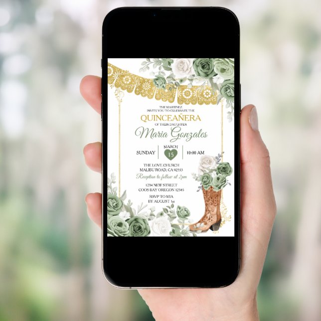 Princess Boot Sage Green Quinceañera Invitation (Front Digital)
