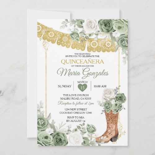 Princess Boot Sage Green Quinceaera Invitation