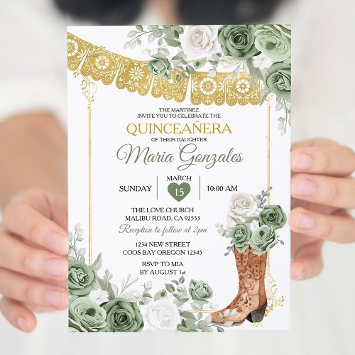 Princess Boot Sage Green Quinceaera Invitation