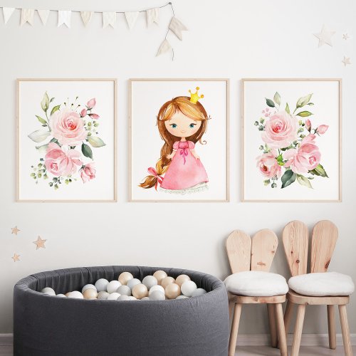 Princess Brown Hair Pink Flowers Girl Nursery Wall Art Sets