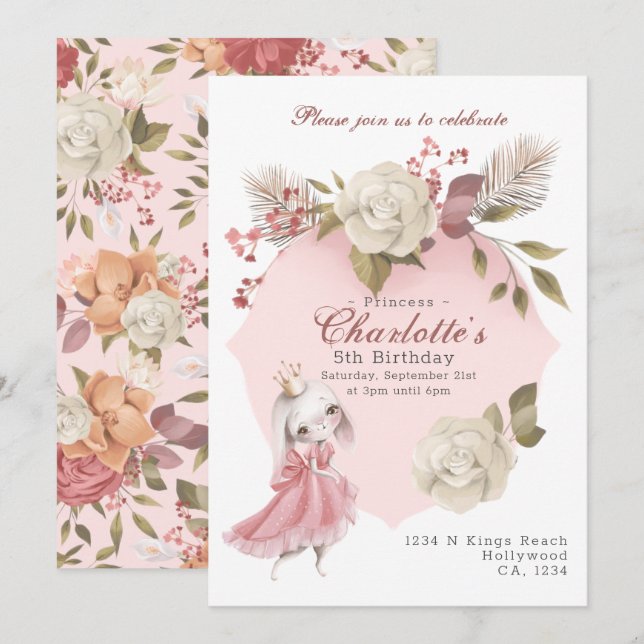 Princess Bunny Rabbit Personalized Birthday Party Invitation (Front/Back)