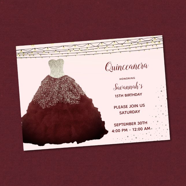 Princess Burgundy Gown String Lights Quinceanera Invitation (Creator Uploaded)
