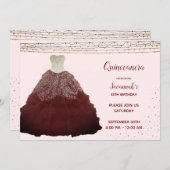 Princess Burgundy Gown String Lights Quinceanera Invitation (Front/Back)