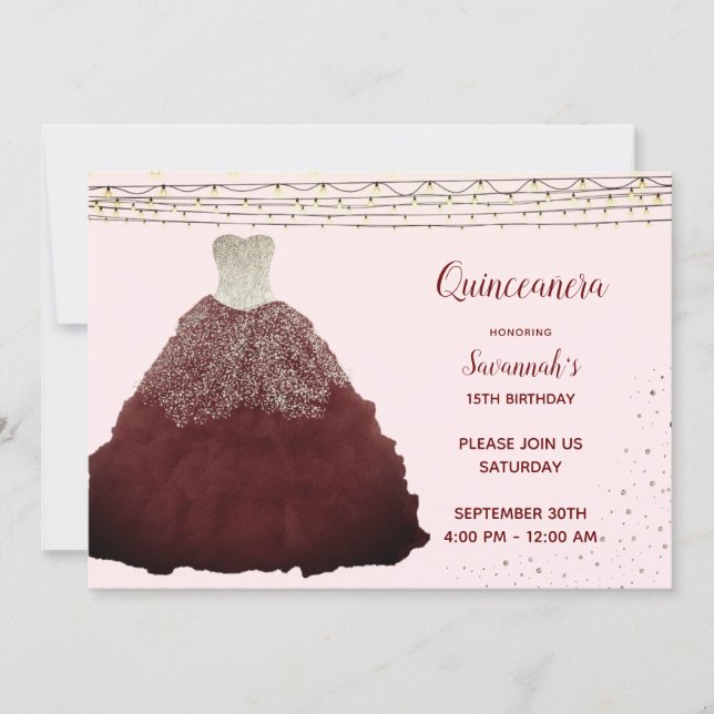 Princess Burgundy Gown String Lights Quinceanera Invitation (Front)