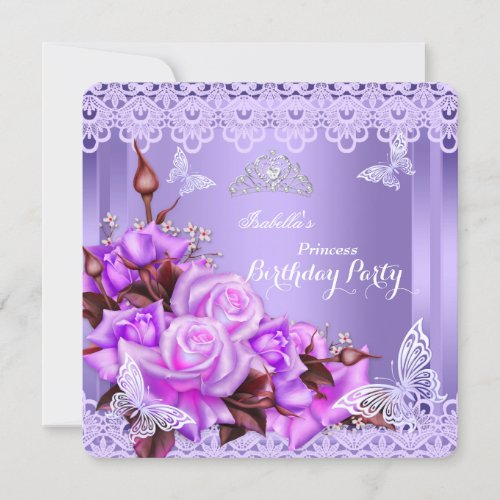 Princess Butterfly Purple Pink Rose Birthday Party Invitation