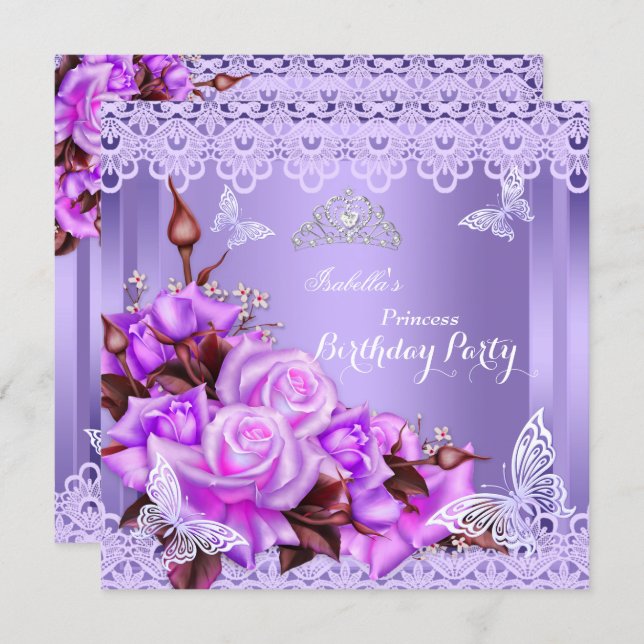 Princess Butterfly Purple Pink Rose Birthday Party Invitation (Front/Back)