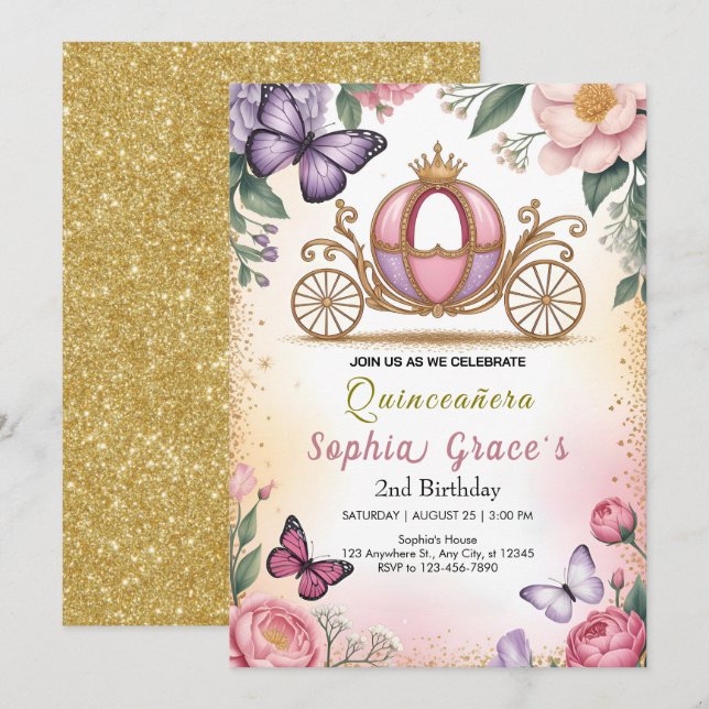 Princess Carriage Birthday Invitation (Front/Back)