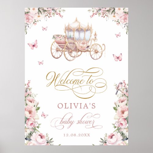 Princess Carriage Blush Floral Baby Shower Welcome Poster