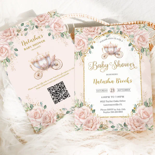 Princess Carriage Blush Pink Floral Baby Shower Invitation | Zazzle