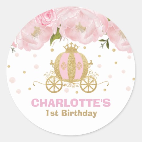 Princess Carriage Floral Pink and Gold Favor Classic Round Sticker