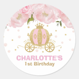 Princess Carriage Floral Pink and Gold Favor Classic Round Sticker