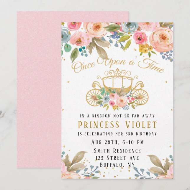 Princess Carriage Gold Glitter 00th Birthday Party Invitation (Front/Back)