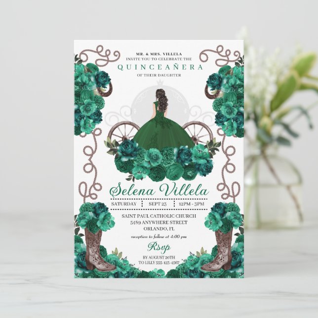Princess Carriage Green Western Quinceañera Invitation (Standing Front)
