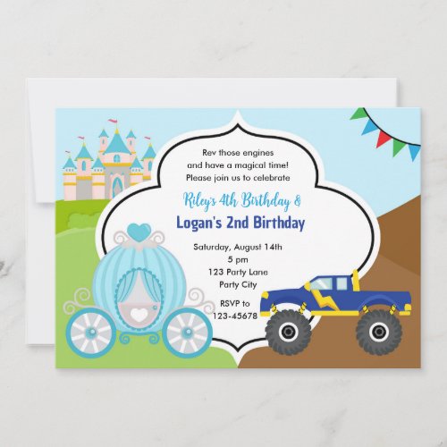 Princess Carriage  Monster Truck Joint Birthday Invitation