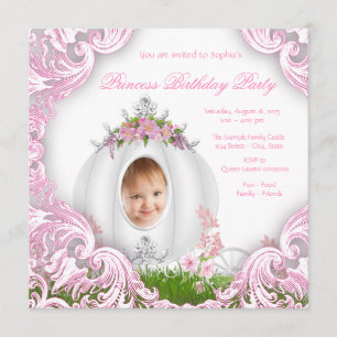 Princess Carriage Photo Birthday Party White Invitation