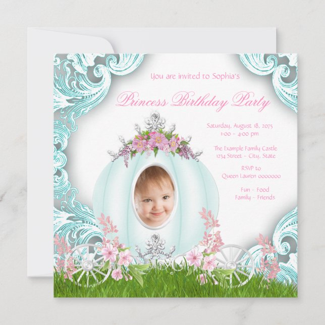 Princess Carriage Photo Pink Teal Birthday Party Invitation (Front)