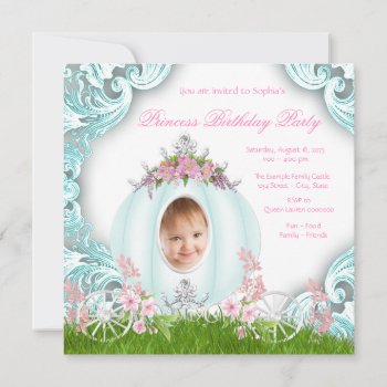 Princess Carriage Photo Pink Teal Birthday Party Invitation by InvitationCentral at Zazzle