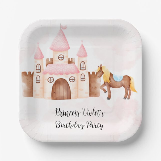 Princess Castle and Horse Custom Birthday Party Paper Plates (Front)