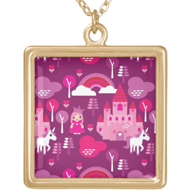 princess castle and unicorn rainbow gold plated necklace (Front)