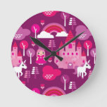 princess castle and unicorn rainbow round clock