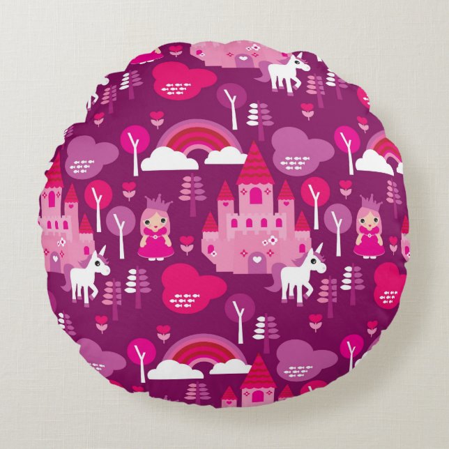 princess castle and unicorn rainbow round pillow (Front)