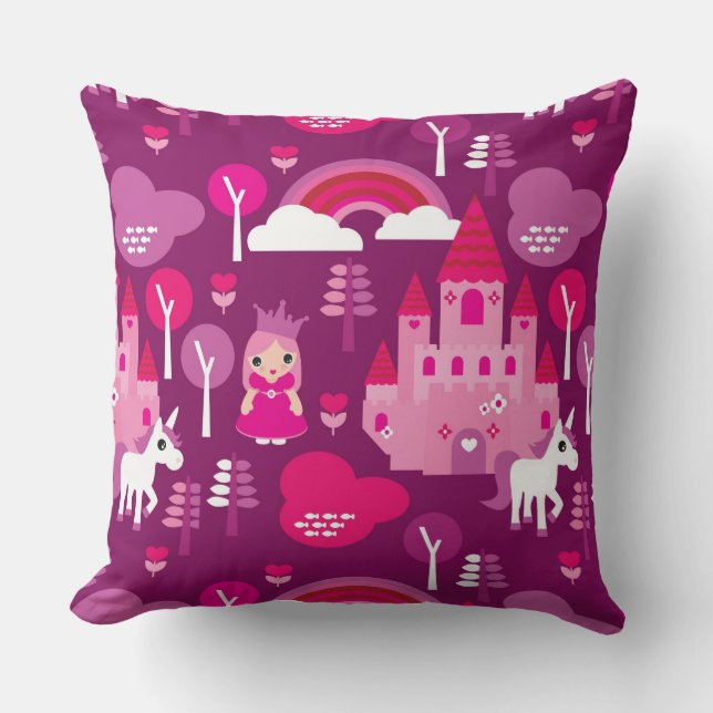 princess castle and unicorn rainbow throw pillow (Front)