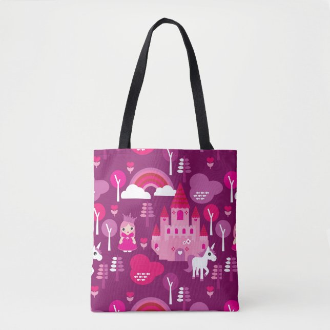 princess castle and unicorn rainbow tote bag (Front)