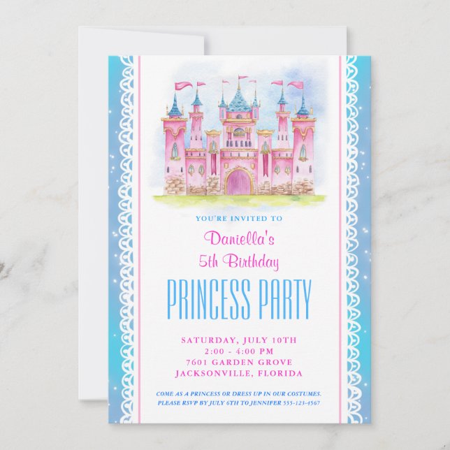 Princess Castle Birthday Invitation Blue (Front)
