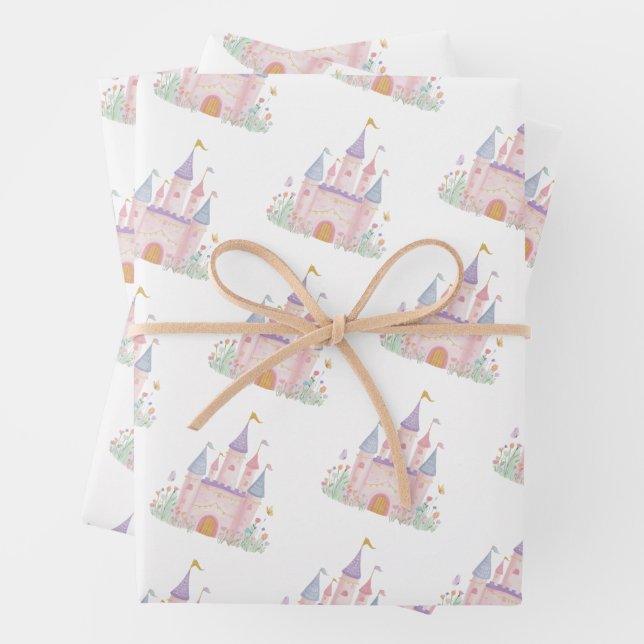 Princess Castle Birthday Party Girls Wrapping Paper Sheets (In situ)