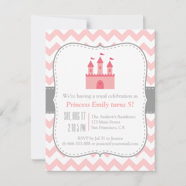 Princess Castle Birthday Party, Pink White Chevron Invitation (Front)
