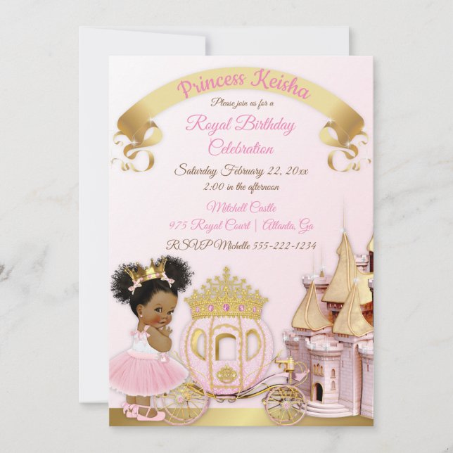 Princess Castle Carriage Pink Gold Girl Photo Invitation (Front)