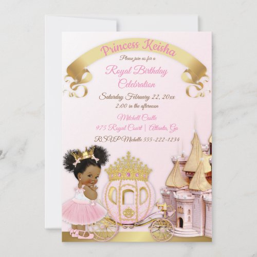 Princess Castle Carriage Pink Gold Girl Photo Invitation