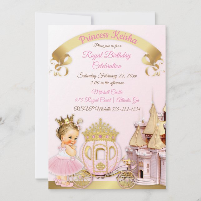 Princess Castle Carriage Pink Gold Girl Photo Invitation (Front)