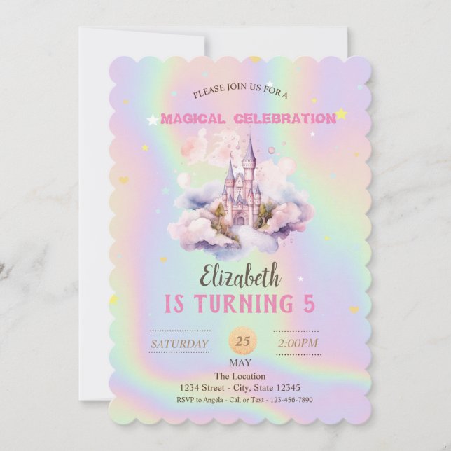 Princess Castle Clouds Holographic Birthday Invitation (Front)