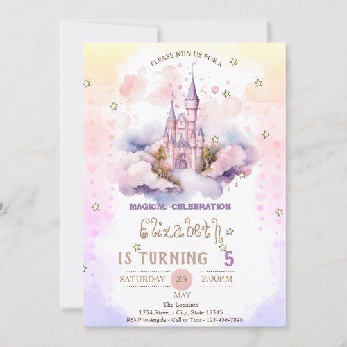 Princess Castle CloudsStars Pastel Birthday  Invitation