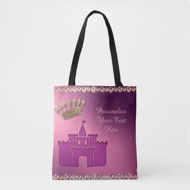 Princess Castle, Crown & Jewels Party Personalize Tote Bag (Front)