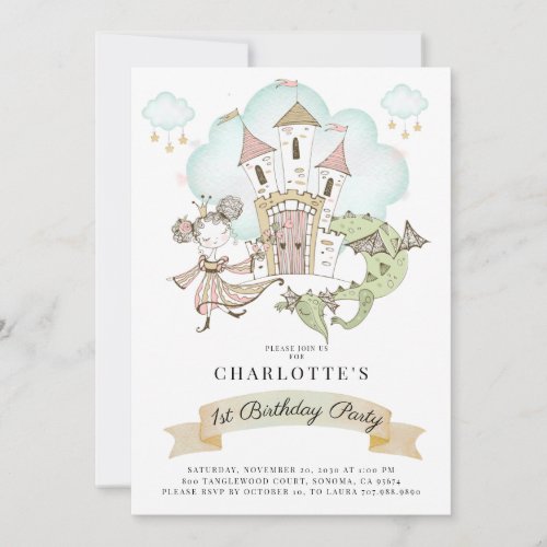 Princess Castle Dragon Gir1s st Birthday  Invitation