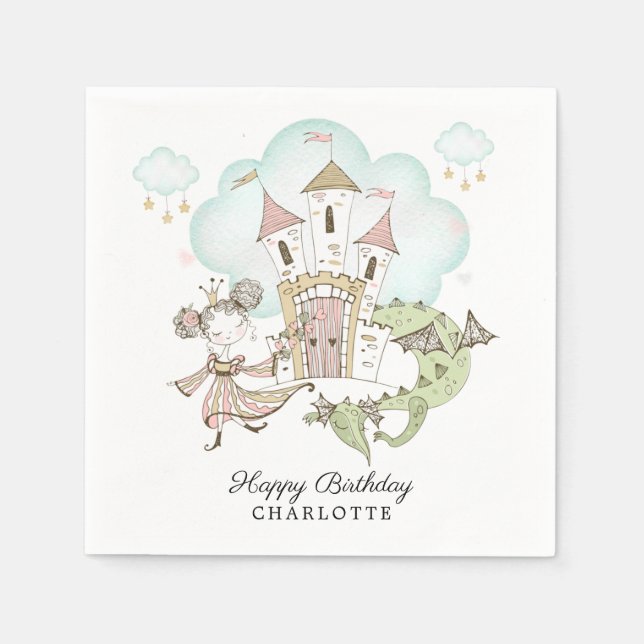 Princess Castle Dragon Girl's Birthday Party Napkins (Front)