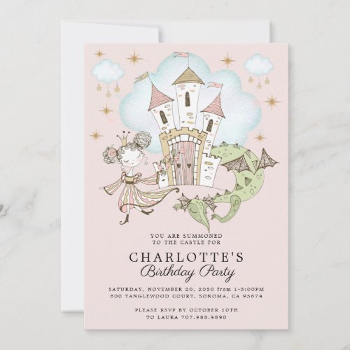 Princess Castle Dragon Girls Pink Gold Birthday Invitation