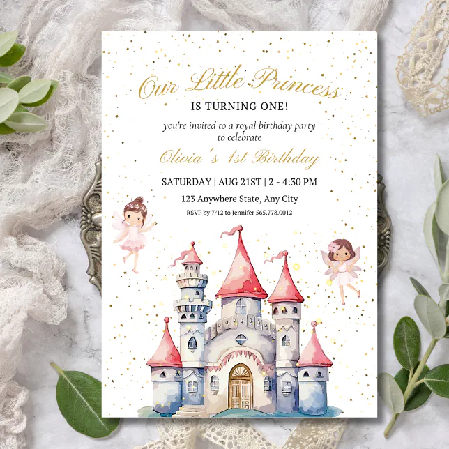 Princess Castle Fairytale 1st Birthday Party Girls Invitation | Zazzle