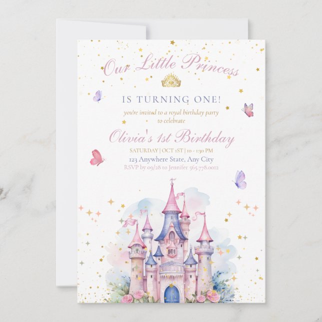 Princess Castle Girl 1st Birthday Pink Royal Party Save The Date (Front)