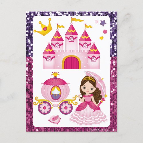 Princess Castle Gold Crown Pink Purple Sequin Postcard