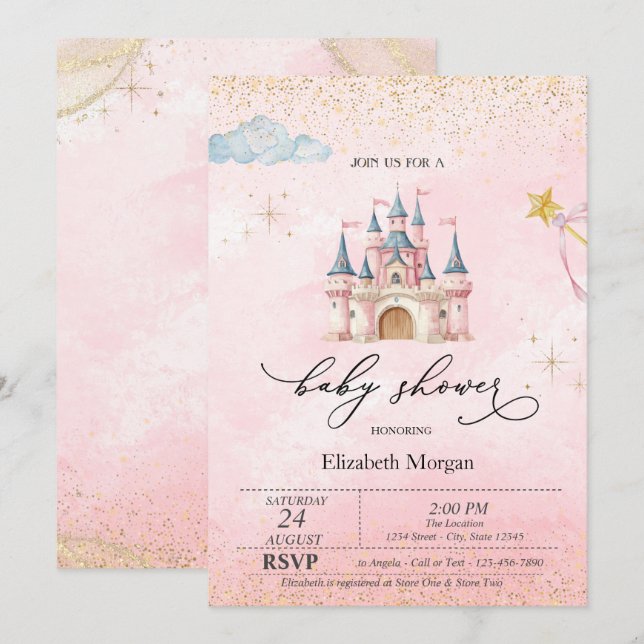 Princess Castle Gold Dust Pink Baby Shower   Invitation (Front/Back)