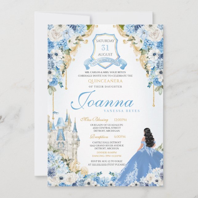 Princess Castle Light Blue Cinderella Quinceanera Invitation (Front)