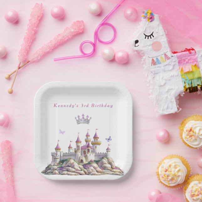 Princess Castle Silver Crown Pink Gems Butterflies Paper Plates (Party)